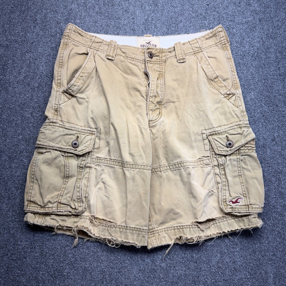 Hollister Mens Tan Khaki Cargo Shorts Size 36 Distressed Frayed Hem Cotton Twill